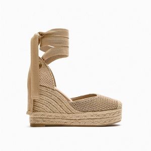 Zara Lace Up Wedge Espadrille Shoes Light Beige Nude Size US 8 EU 39